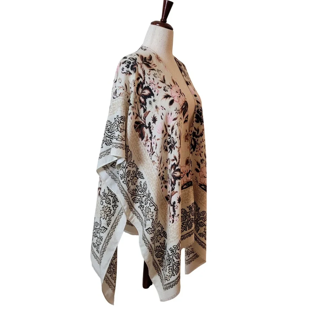 Nine West Rayon shawl Wrap Pink Floral womens OS Boho fringe dressy Casual Scarf